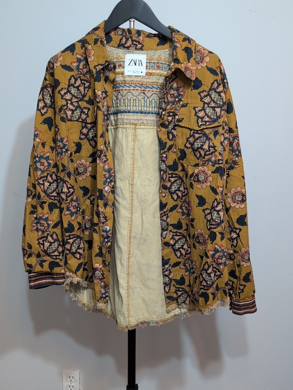 Zara Mustard Floral Button-Front Shacket with Black & Pink Accents
